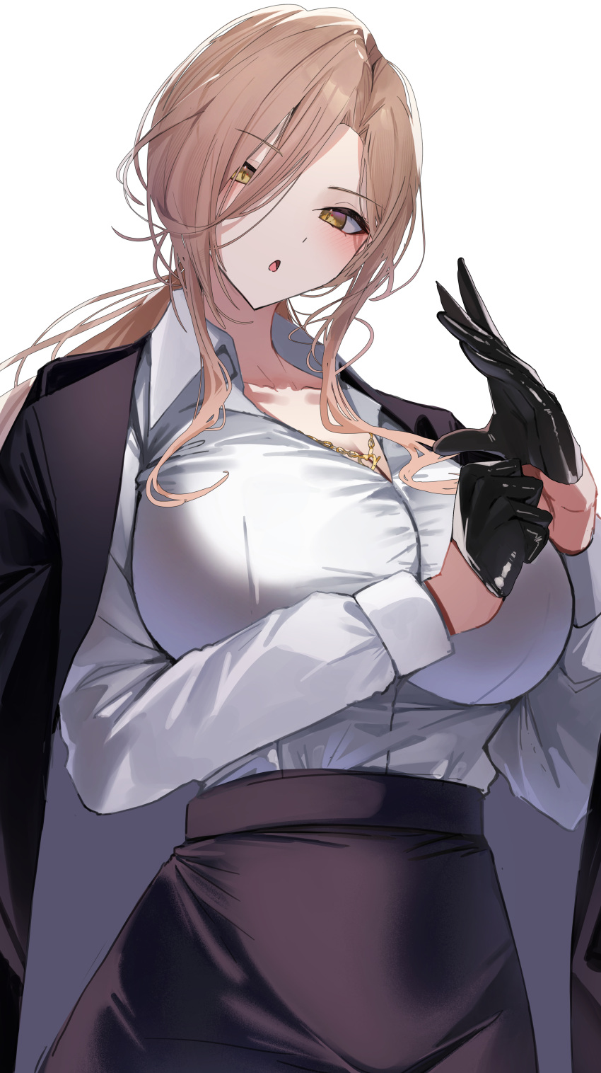 1girl :o absurdres adjusting_clothes adjusting_gloves black_gloves black_jacket black_skirt breasts collared_shirt dress_shirt gloves gold_necklace hair_between_eyes highres huge_breasts jacket jacket_on_shoulders jewelry light_brown_hair long_hair long_sleeves looking_at_viewer low_ponytail miniskirt necklace nijisanji nui_sociere nui_sociere_(9th_costume) pencil_skirt shiro_marimo shirt simple_background skirt solo virtual_youtuber white_background white_shirt yellow_eyes