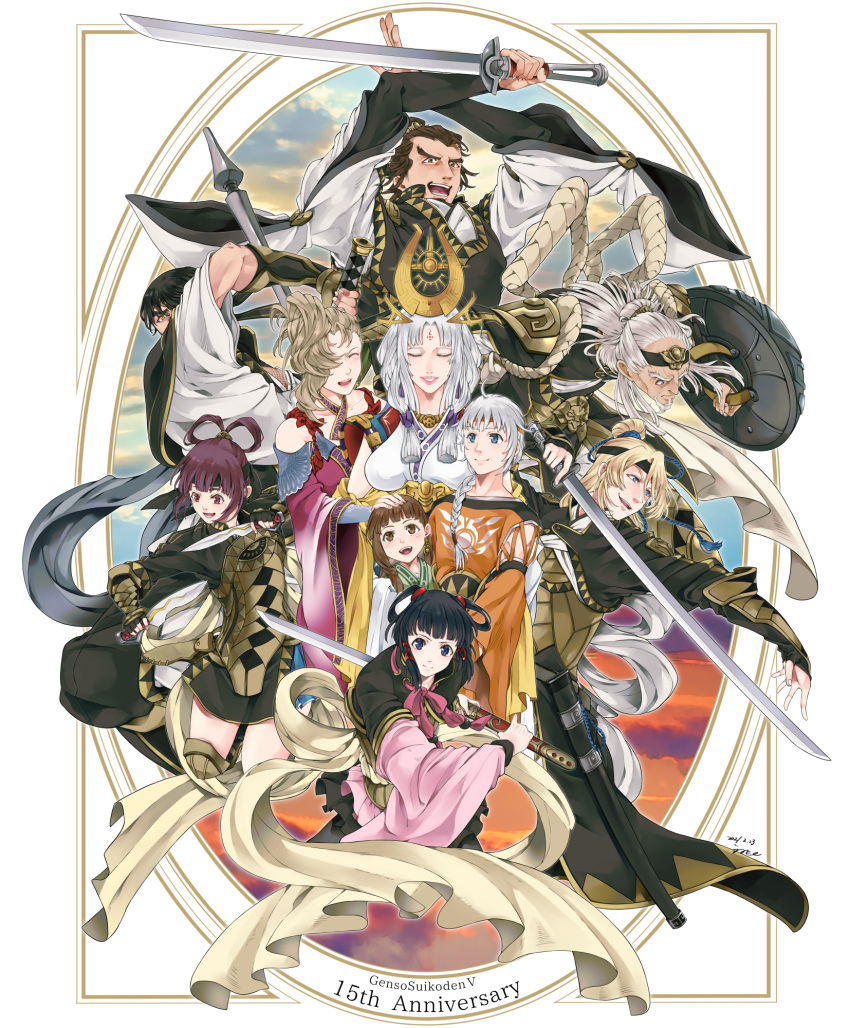 123469 anniversary arshtat_falenas black_hair brother_and_sister english_text father_and_son ferid_egan freyjadour_falenas galleon_(gensou_suikoden) gensou_suikoden gensou_suikoden_v georg_prime highres kyle_(suikoden) light_smile long_hair long_sleeves lymsleia_falenas lyon_(gensou_suikoden) miakis_(gensou_suikoden) mother_and_son queen short_hair sialeeds_falenas siblings smile white_hair