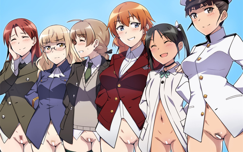 6+girls black_choker black_hair blonde_hair blue_eyes blush bottomless breasts brown_eyes charlotte_e._yeager choker closed_eyes closed_mouth em_(totsuzen_no_hakike) embarrassed francesca_lucchini glasses green_hair grin hair_ribbon hand_on_another's_shoulder hand_on_own_face jacket large_breasts looking_at_viewer lynette_bishop military military_uniform minna-dietlinde_wilcke multiple_girls navel no_panties open_mouth orange_hair perrine_h._clostermann ponytail pussy red_hair red_jacket ribbon sakamoto_mio small_breasts smile standing strike_witches twintails uniform world_witches_series yellow_eyes