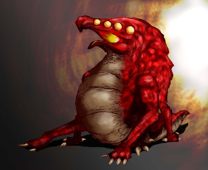 4_eyes 4_legs alien ambiguous_gender beak brown_background claws crocomire feral kous metroid multi_eye nintendo quadruped red_body red_scales scales scalie sharp_claws simple_background solo tan_body tan_scales yellow_eyes