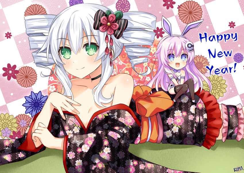 2girls absurdres bare_shoulders black_sister blush breasts drill_hair flower green_eyes hair_flower hair_ornament happy_new_year highres japanese_clothes lewdkuma long_hair medium_breasts multiple_girls neptune_(series) open_mouth pink_hair purple_sister signature twin_drills very_long_hair white_hair