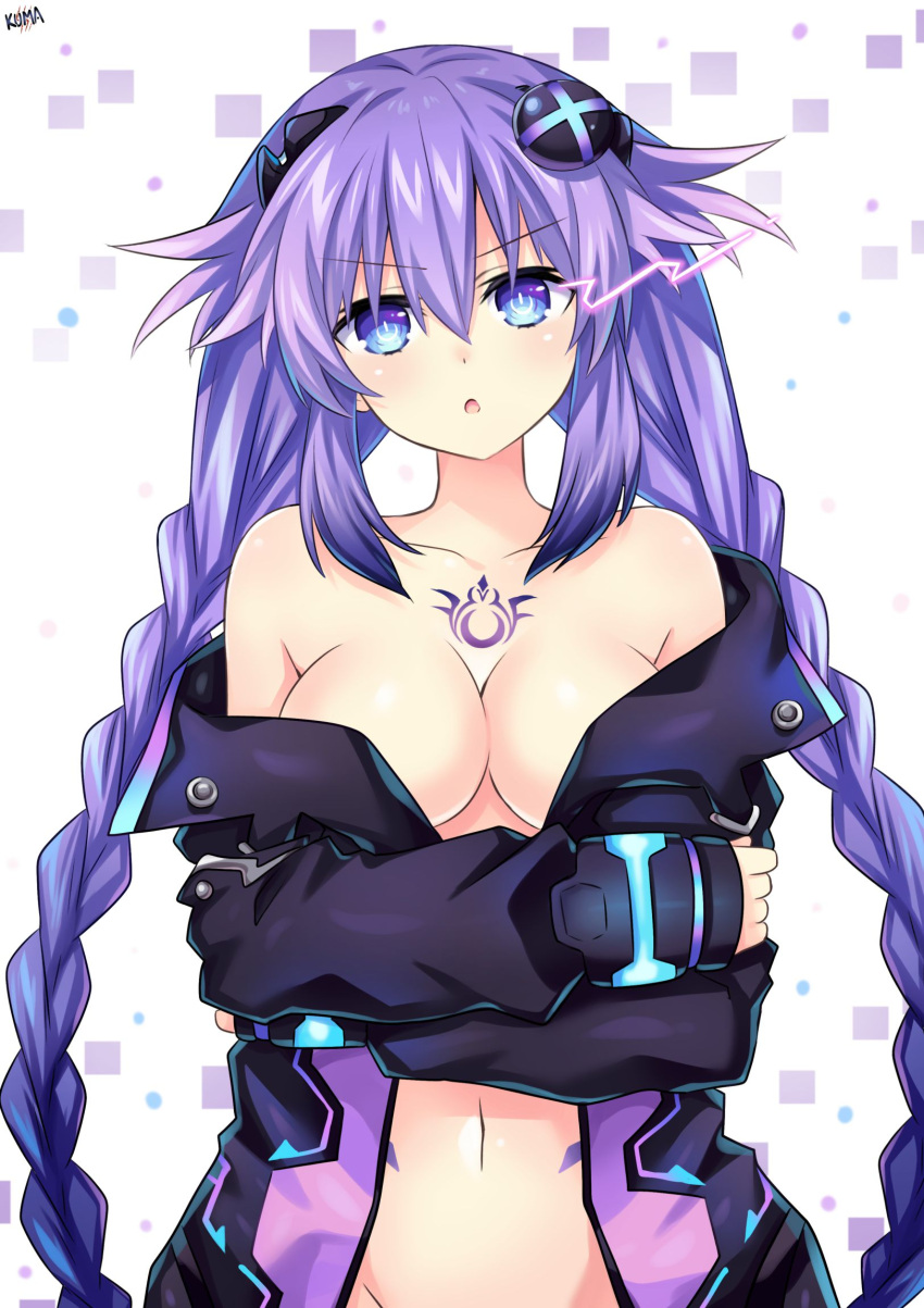 1girl adapted_costume alternate_costume annoyed blue_eyes blush braid breasts chest_tattoo cleavage crossed_arms d-pad d-pad_hair_ornament groin hair_between_eyes hair_ornament highres jacket jacket_pull lewdkuma long_hair looking_at_viewer medium_breasts midriff navel nepnep_connect:_chaos_chanpuru neptune_(series) no_bra off_shoulder open_clothes open_jacket open_mouth out-of-frame_censoring power_symbol purple_hair purple_heart purple_heart_(chaos_form) solo staring symbol-shaped_pupils tattoo twin_braids twintails undressing very_long_hair