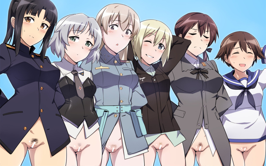 6+girls black_hair black_necktie blonde_hair blue_background blue_eyes blush bottomless breasts brown_eyes brown_hair closed_eyes dress eila_ilmatar_juutilainen em_(totsuzen_no_hakike) erica_hartmann gertrud_barkhorn green_eyes hair_ribbon hattori_shizuka large_breasts long_hair military military_uniform miyafuji_yoshika multiple_girls necktie no_panties one_eye_closed ponytail purple_eyes ribbon sailor_dress sanya_v._litvyak shiny_hair short_hair simple_background standing strike_witches sweat uniform white_hair world_witches_series