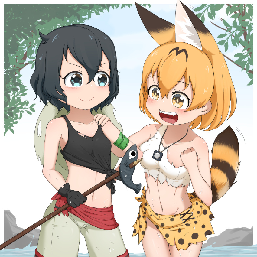 2girls animal_ears black_hair black_tank_top blonde_hair blue_eyes blush breasts cat_ears cat_tail chis_(js60216) closed_mouth collarbone fangs fish fishing hand_on_another's_shoulder hat highres kaban_(kemono_friends) kemono_friends looking_at_another midriff multiple_girls navel open_mouth outdoors polearm print_skirt saliva serval_(kemono_friends) serval_print shiny_hair shiny_skin short_hair skirt small_breasts smile spear straw_hat tail tank_top torn_clothes weapon yellow_eyes