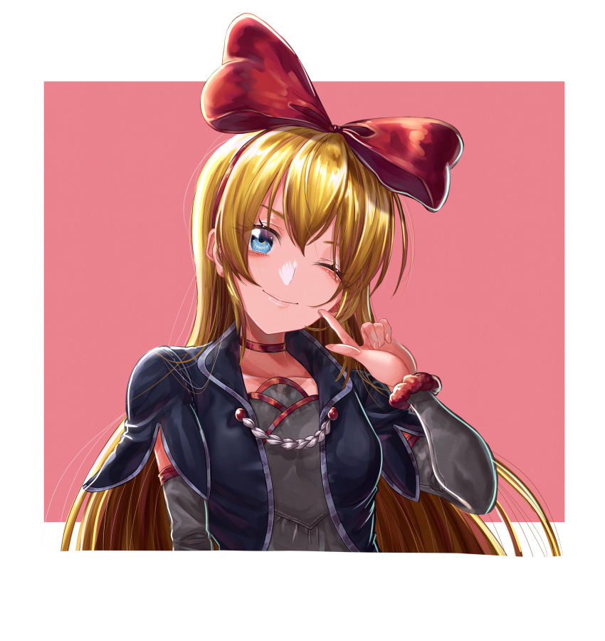 1girl ;) absurdres blonde_hair blue_eyes border bow bow_hairband choker closed_mouth collarbone detached_sleeves dokidoki!_precure grey_shirt grey_sleeves hair_bow hairband head_tilt highres long_hair long_sleeves one_eye_closed precure red_background red_bow red_choker red_hairband regina_(dokidoki!_precure) sakana_sakanama shiny_hair shirt smile solo upper_body very_long_hair white_border
