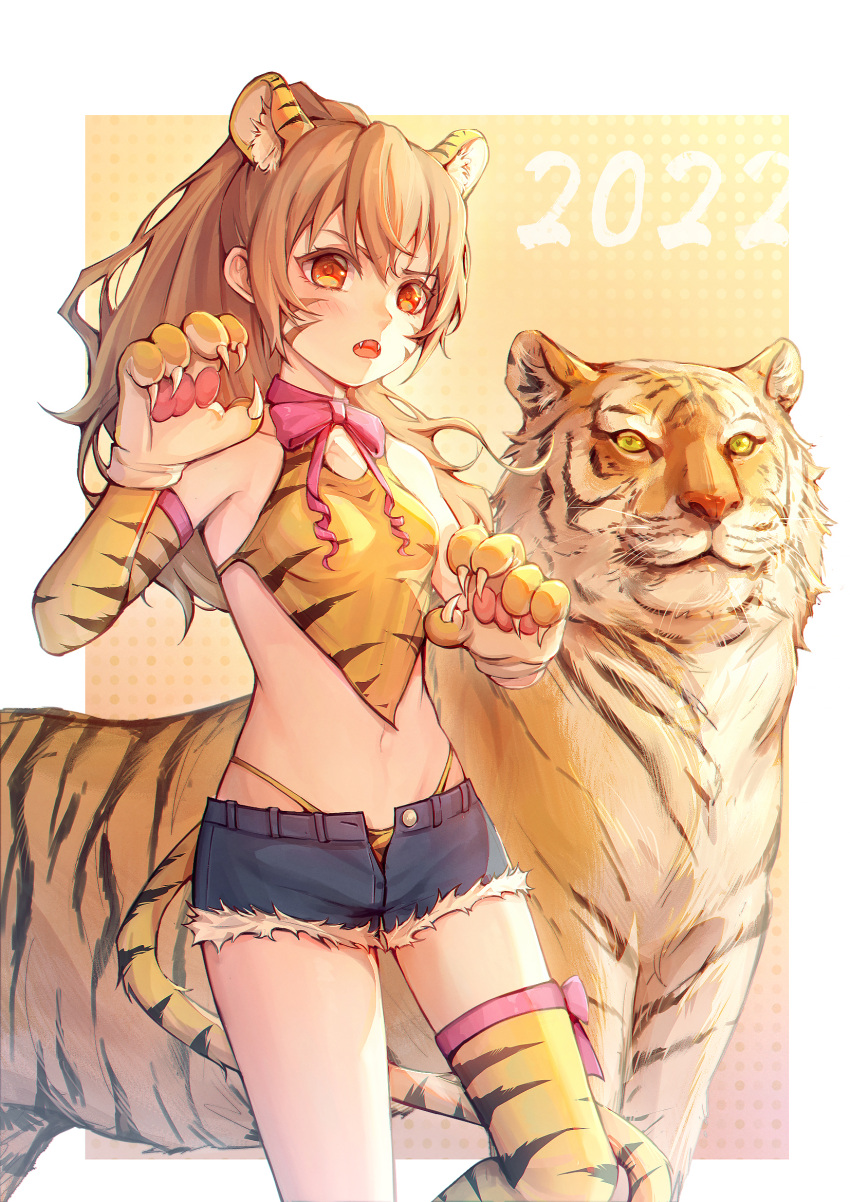 1girl 2022 aisaka_taiga animal animal_ears animal_hands animal_print bare_shoulders blush bow bowtie breasts brown_hair chinese_clothes chinese_zodiac claw_pose denim denim_shorts dudou facial_mark fangs gloves high_ponytail highleg highleg_panties highres long_hair looking_at_viewer navel nekoymio open_mouth panties paw_gloves pink_bow pink_bowtie print_legwear print_panties short_shorts shorts single_thighhigh small_breasts tail thighhighs tiger tiger_ears tiger_paws tiger_print tiger_tail toradora! unbuttoned unbuttoned_shorts underwear year_of_the_tiger