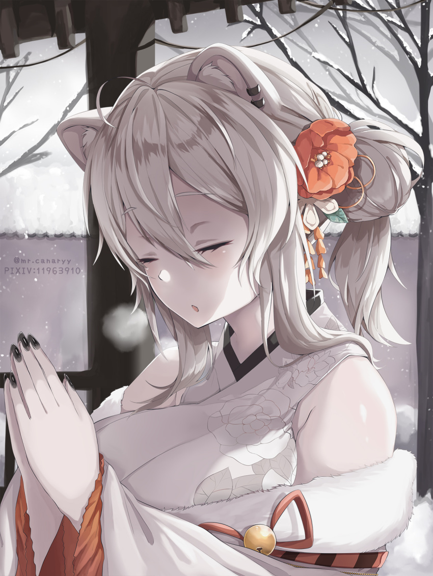 1girl ahoge animal_ears bangs bare_shoulders black_nails breasts breath closed_eyes cold double_bun ear_piercing floral_print flower from_side fur-trimmed_kimono fur_trim grey_eyes grey_hair hair_between_eyes hair_bun hair_flower hair_ornament hatsumoude highres hololive japanese_clothes kanzashi kimono large_breasts lion_ears long_hair mr.canaryy nail_polish new_year off_shoulder official_alternate_costume official_alternate_hairstyle open_mouth outdoors own_hands_clasped own_hands_together piercing pixiv_id praying print_kimono shishiro_botan shrine sleeveless sleeveless_kimono snow solo twintails twitter_username upper_body virtual_youtuber white_kimono