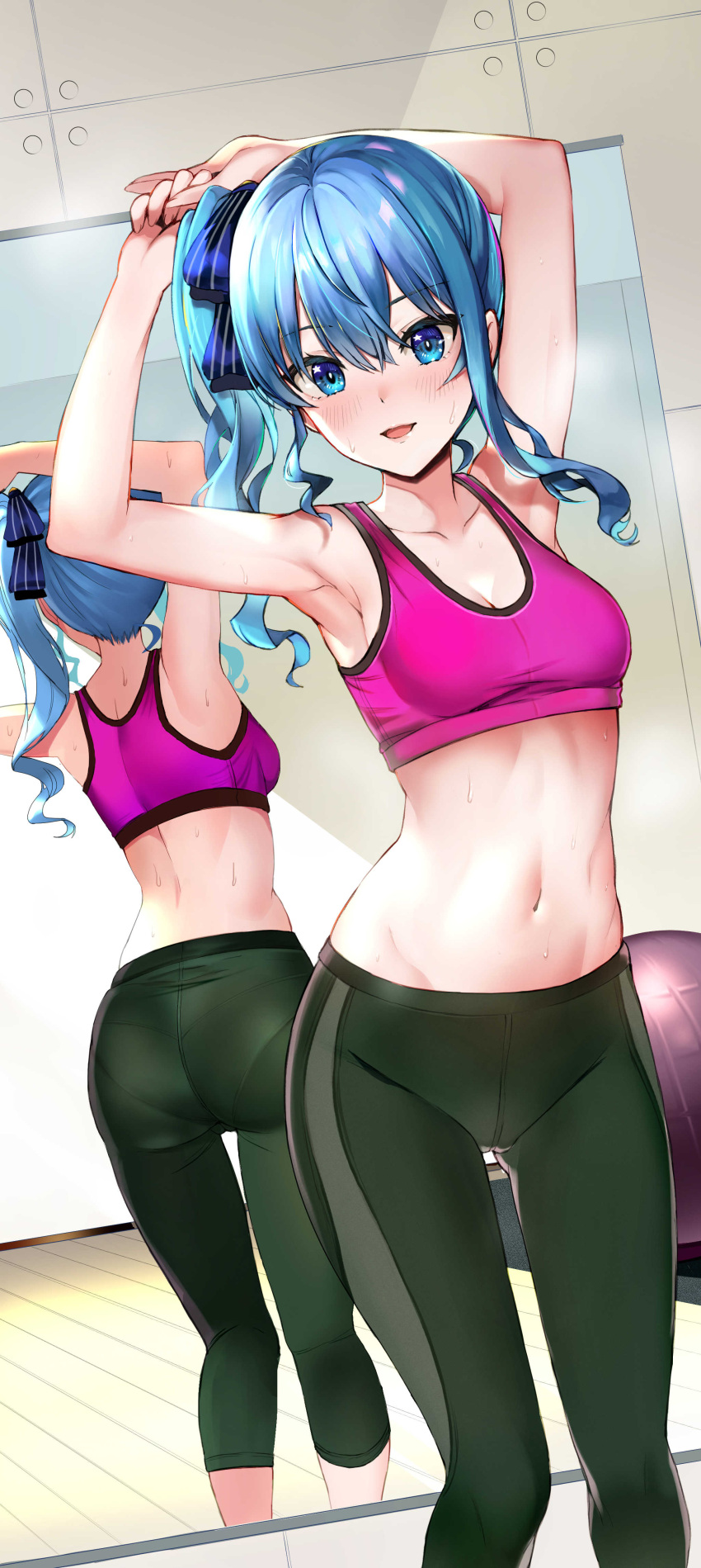 1girl absurdres armpits ass bangs blue_eyes blue_hair blush breasts cleavage commentary_request crop_top hair_between_eyes highres hololive hoshimachi_suisei jpeg_artifacts leggings linea_alba long_hair looking_at_viewer midriff mirror navel open_mouth pantylines pukara reflection ribbon side_ponytail small_breasts smile solo star_(symbol) star_in_eye sweat symbol_in_eye virtual_youtuber