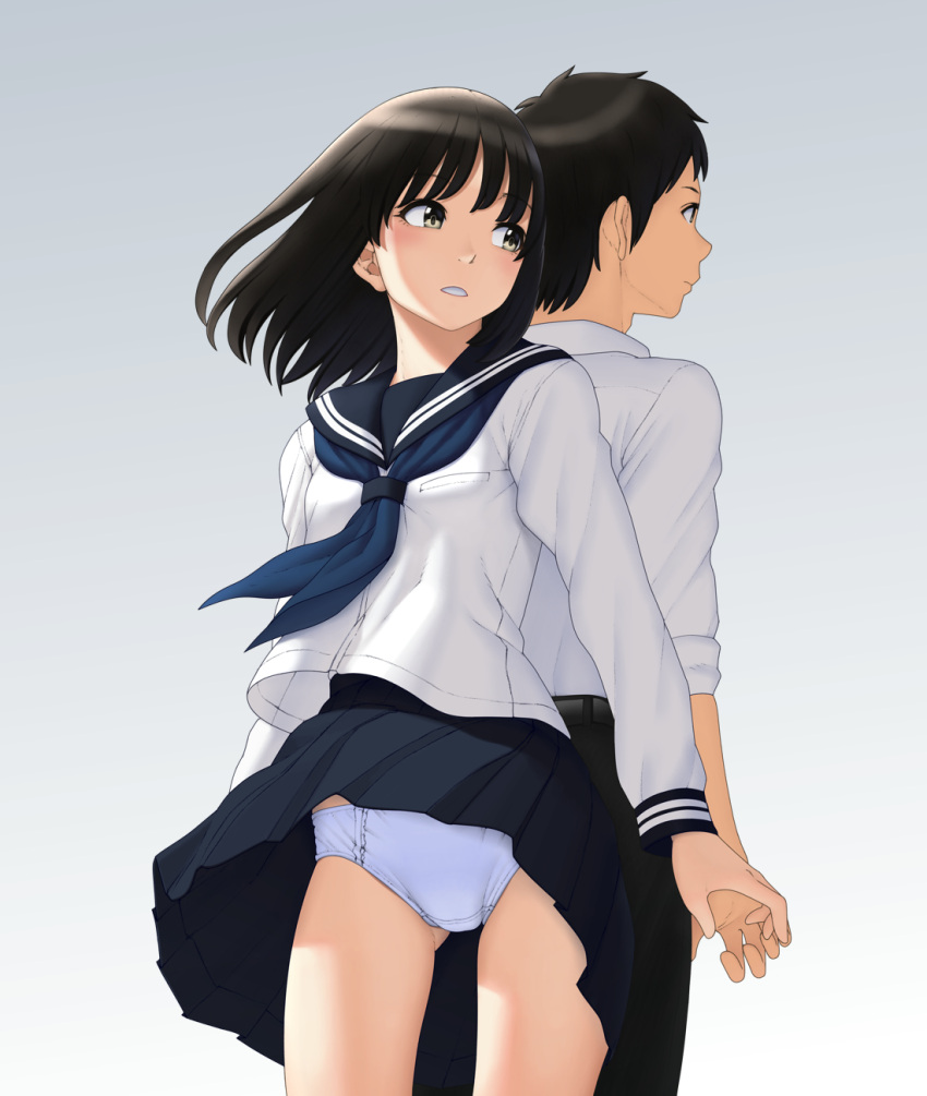 1boy 1girl back-to-back bangs black_eyes black_hair black_pants black_sailor_collar black_skirt blouse blue_neckerchief blue_panties commentary_request cowboy_shot crotch_seam dress_shirt gradient gradient_background grey_background hetero highres holding_hands light_blush long_sleeves looking_to_the_side maburu_(lojyq1eur3e8bit) medium_hair miniskirt neckerchief original panties pants pantyshot pleated_skirt sailor_collar school_uniform serafuku shirt short_hair skirt sleeves_rolled_up standing underwear white_shirt wind wind_lift