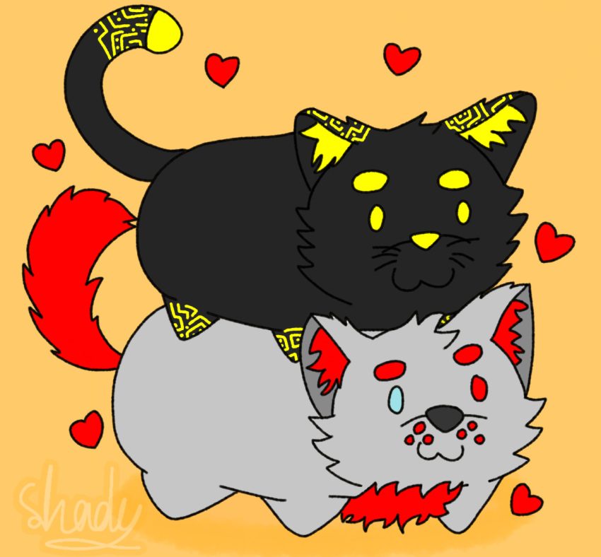 &lt;3 2020 :3 artist_name black_body black_fur blonde_eyebrows blue_eyes canid canine cheek_tuft digital_drawing_(artwork) digital_media_(artwork) dot_eyes duo eyebrows facial_tuft felid feline feral flat_colors fluffy fluffy_chest fluffy_ears fluffy_tail fur grey_body grey_fur heterochromia loaf male mammal markings on_top on_top_of orange_background red_body red_chest red_ear_fluff red_eyebrows red_eyes red_fluff red_fur red_markings red_tail shadyadi signature simple_background tail tuft yellow_ear_fluff yellow_eyes yellow_markings