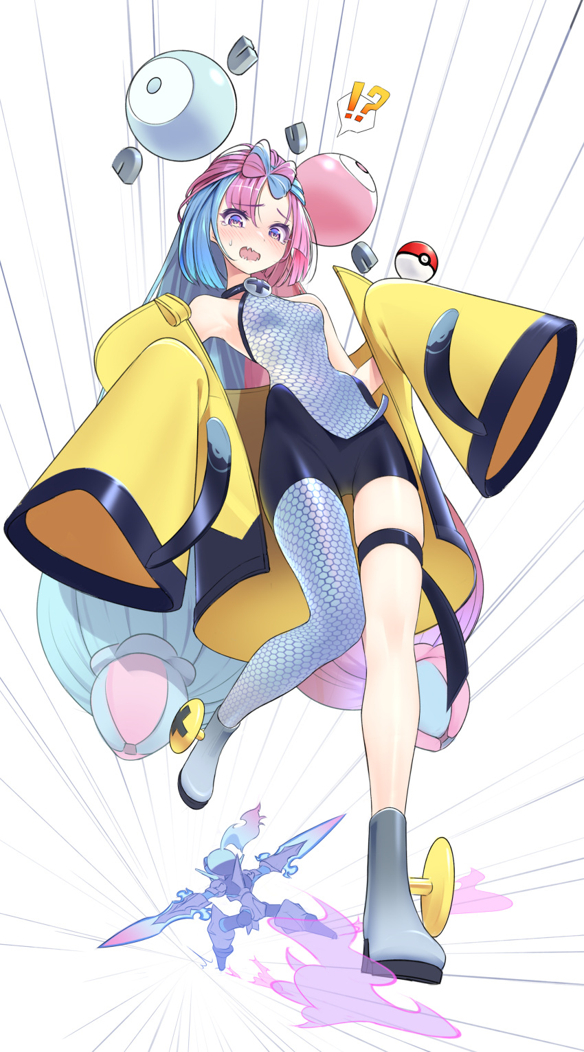 !? 1girl absurdres asymmetrical_legwear bike_shorts black_shorts blush ceruledge full_body grey_shirt hair_ornament highres iono_(pokemon) jacket long_hair magnemite mismatched_legwear multicolored_hair off_shoulder open_mouth poke_ball poke_ball_(basic) pokemon pokemon_(game) pokemon_sv purple_eyes sharp_teeth shirt shorts single_leg_pantyhose sleeveless sleeveless_shirt solo_focus speed_lines split-color_hair spoken_interrobang sweatdrop teeth thigh_strap thighs tm_(hanamakisan) two-tone_hair very_long_hair wide_sleeves yellow_jacket