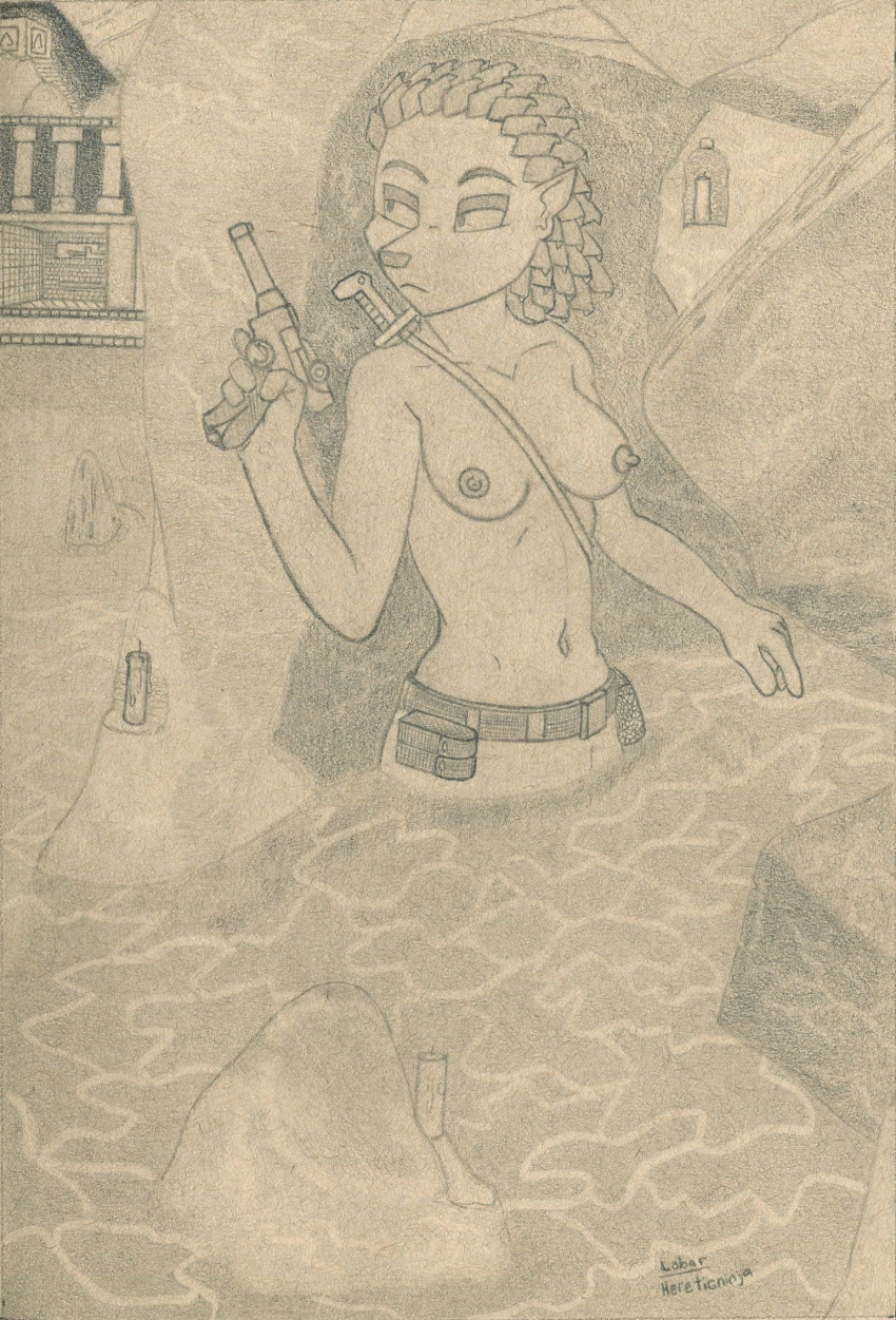 anthro babasa breasts candle clothed clothing detailed_background echidna female graphite_(artwork) gun hi_res holding_gun holding_object holding_weapon lobar looking_aside mammal medium_breasts monochrome monotreme nipples partially_clothed partially_submerged pencil_(artwork) ranged_weapon rock solo traditional_media_(artwork) water weapon