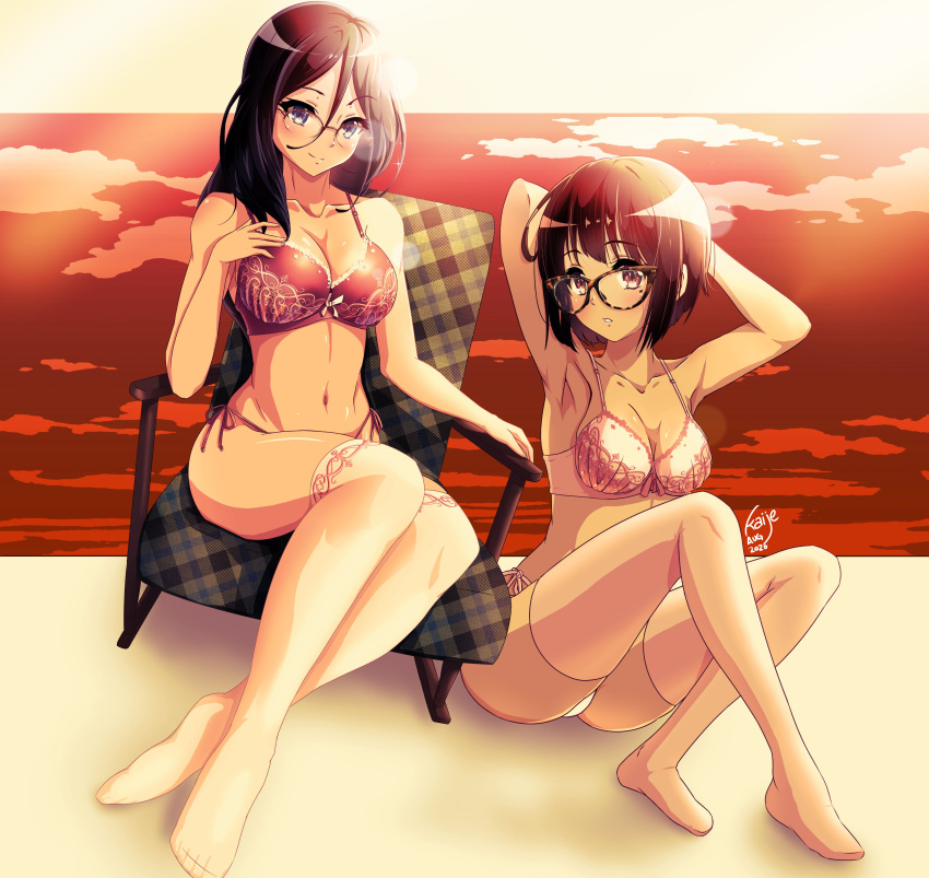 2girls absurdres arms_behind_head bikini breasts chair cleavage collarbone dusk glasses hair_between_eyes hibike!_euphonium highres kaije7 long_hair mole mole_under_eye multiple_girls nakaseko_kaori navel purple_bikini short_hair side-tie_bikini_bottom sitting swimsuit tanaka_asuka thighhighs white_bikini white_thighhighs