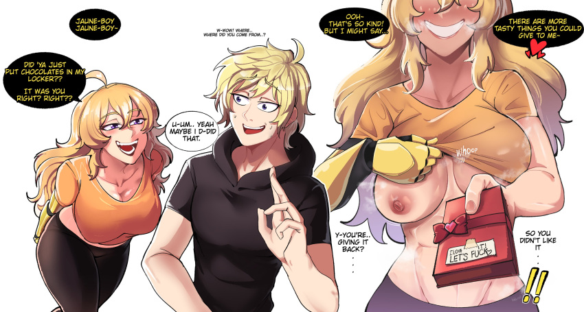 1boy 1girl abs absurdres ahoge arms_behind_back bed_invitation black_pants blonde_hair box box_of_chocolates breasts cleavage dark_nipples english_commentary english_text flashing grin groin hentaly highres jaune_arc large_breasts lifted_by_self long_hair mechanical_arms naughty_face nipples no_bra one_breast_out orange_shirt pants pov purple_eyes rwby shirt single_mechanical_arm smile solo_focus t-shirt valentine yang_xiao_long yoga_pants