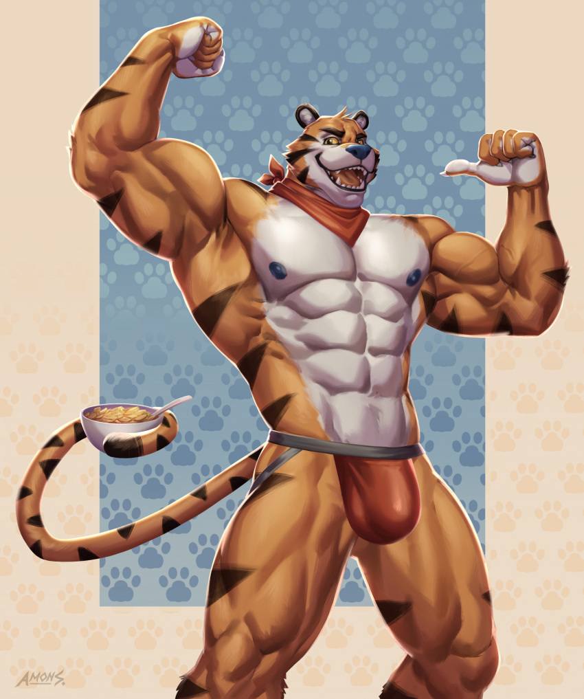 abs amon-sydonai anthro big_muscles black_lips blue_nipples blue_nose bulge cereal cereal_bowl claws clothed clothing felid fist flexing food frosted_flakes fur hi_res jockstrap jockstrap_only kellogg's lips male mammal mascot muscular muscular_anthro muscular_male muscular_thighs neckerchief nipples obliques open_mouth orange_body orange_fur pantherine sharp_teeth smile solo striped_body striped_fur stripes tail_holding_object teeth tiger tony_the_tiger topless underwear underwear_only
