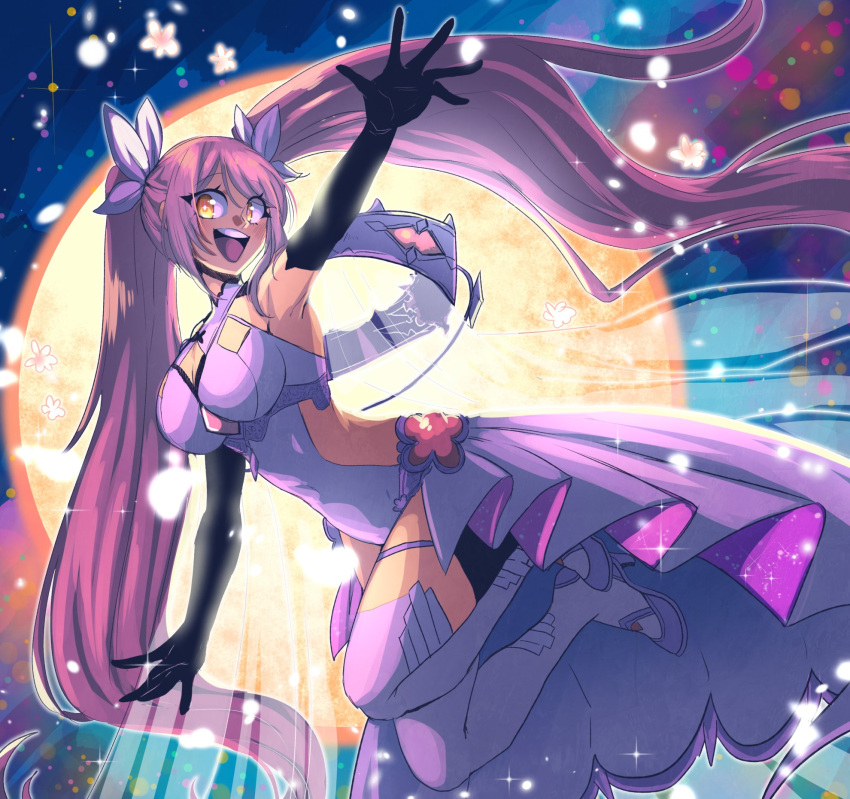 1girl airborne bangs black_gloves breasts brown_eyes cleavage cleavage_cutout clothing_cutout commission covered_navel elbow_gloves english_commentary gloves hair_behind_ear hair_ribbon high_heels highres indie_virtual_youtuber long_hair medium_breasts moon nina_saotome official_alternate_costume open_hand open_mouth petals pink_hair pride-kun purple_footwear purple_hair purple_thighhighs ribbon smile solo thighhighs twintails very_long_hair virtual_youtuber waist_cutout