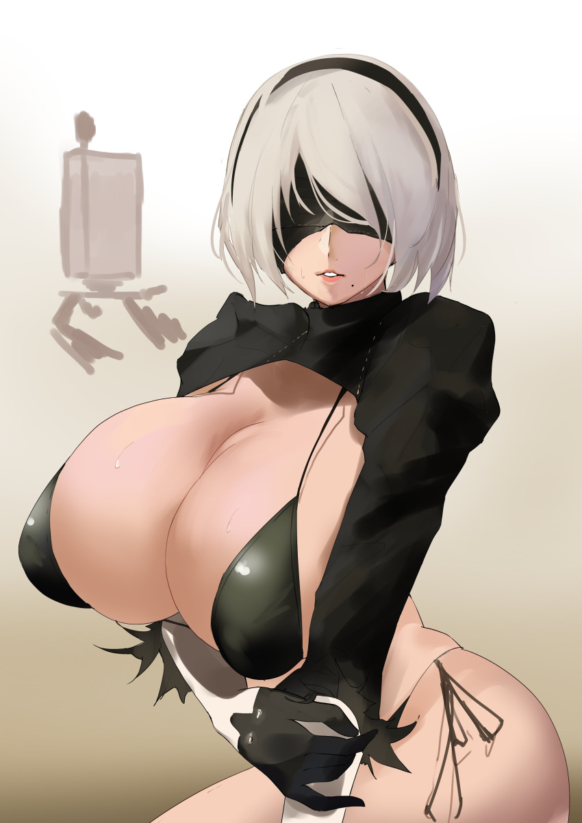 1girl absurdres aya_roushi bangs bikini black_bikini black_blindfold black_gloves black_hairband blindfold breasts cleavage covered_eyes feather-trimmed_sleeves gloves hairband highleg highleg_bikini highres huge_breasts juliet_sleeves long_sleeves looking_at_viewer mole mole_under_mouth nier_(series) nier_automata parted_lips pod_(nier_automata) puffy_sleeves short_hair shrug_(clothing) swimsuit yorha_no._2_type_b