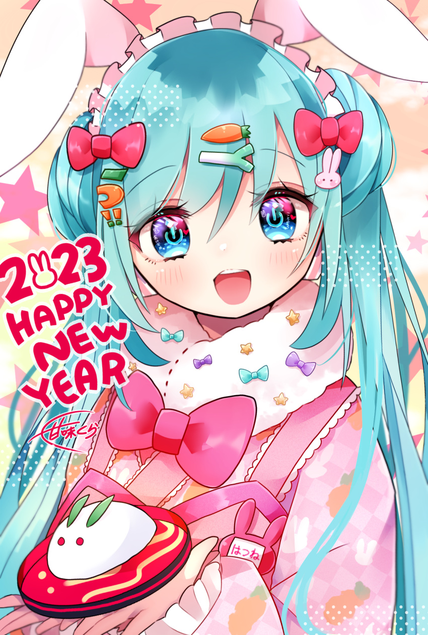 1girl 2023 animal_ears bangs blue_eyes blue_hair blush bow carrot_hair_ornament carrot_print chinese_zodiac double_bun fake_animal_ears food food-themed_hair_ornament food_print frilled_sleeves frills fur_collar hair_bow hair_bun hair_ornament happy_new_year hatsune_miku highres holding japanese_clothes kimono koyubisennti long_hair long_sleeves looking_at_viewer maid_headdress name_tag new_year open_mouth power_symbol-shaped_pupils rabbit_ears rabbit_hair_ornament smile solo spring_onion_hair_ornament star_(symbol) translation_request twintails very_long_hair vocaloid wagashi year_of_the_rabbit
