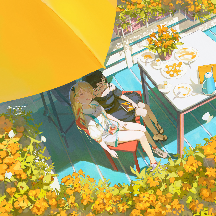 2girls absurdres aqua_theme black_hair blonde_hair camera chair cup drooling flower food from_above glasses highres jdge multiple_girls open_mouth orange_theme original plant plate potted_plant scenery shade sleeping spoon table teapot umbrella