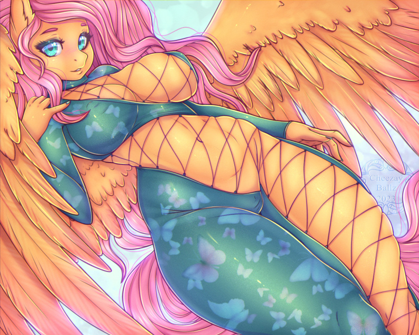 2023 anthro artist_name breasts cheezayballz clothing digital_media_(artwork) equid equine eyebrows eyelashes feathers female fingers fluttershy_(mlp) friendship_is_magic hasbro hi_res mammal my_little_pony navel pegasus solo text wings