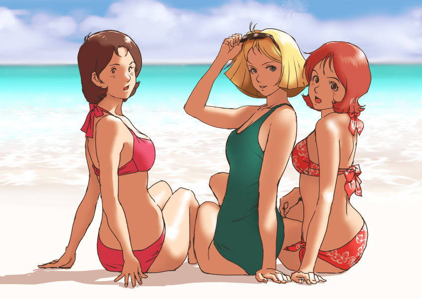 3girls absurdres beach bikini blonde_hair breasts brown_hair cloud commentary_request day eyewear_on_head frau_bow from_behind green_one-piece_swimsuit gundam hand_on_eyewear highres looking_at_viewer looking_back mirai_yashima mobile_suit_gundam multiple_girls ocean one-piece_swimsuit open_mouth outdoors parted_lips pink_bikini red_bikini sayla_mass short_hair sitting small_breasts smile sunglasses swimsuit teikoku_jokyoku
