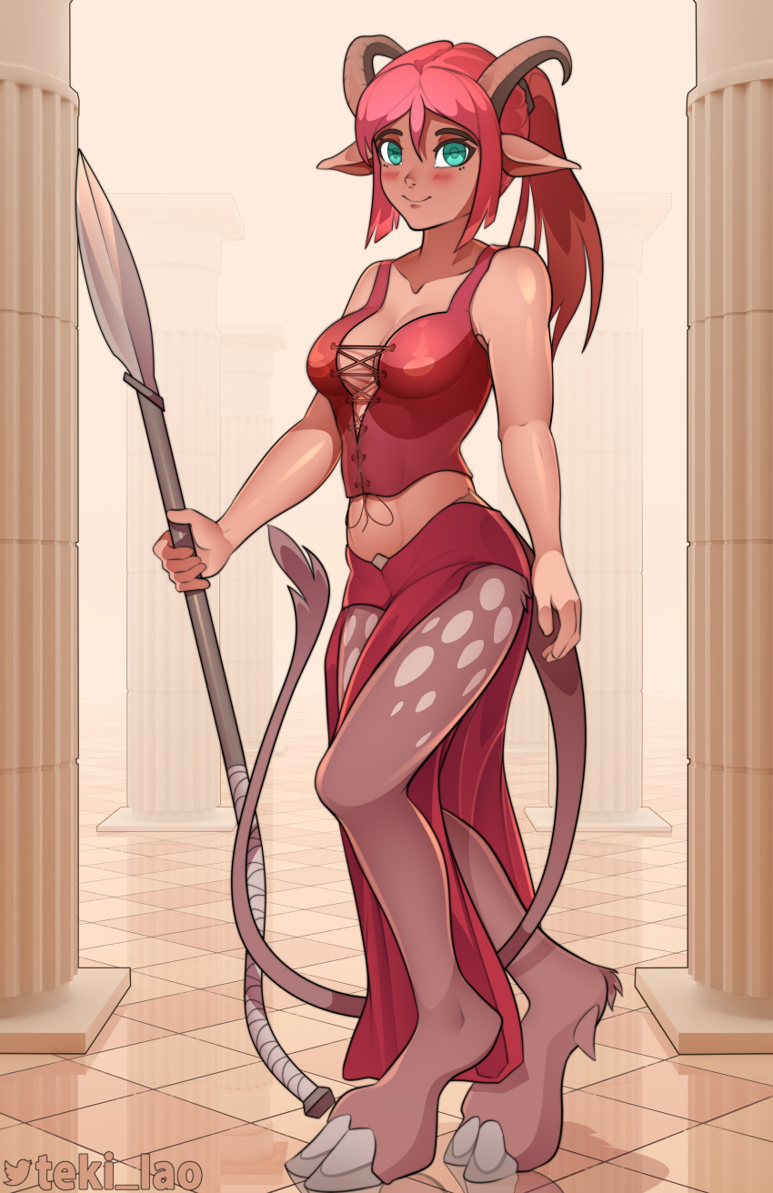 absurd_res anthro biped blush breasts cleavage clothed clothing column digital_media_(artwork) female green_eyes hair hi_res holding_object holding_spear holding_weapon horn humanoid_pointy_ears inside looking_at_viewer melee_weapon polearm red_clothing red_hair satyr shaded solo spear standing tekilao weapon