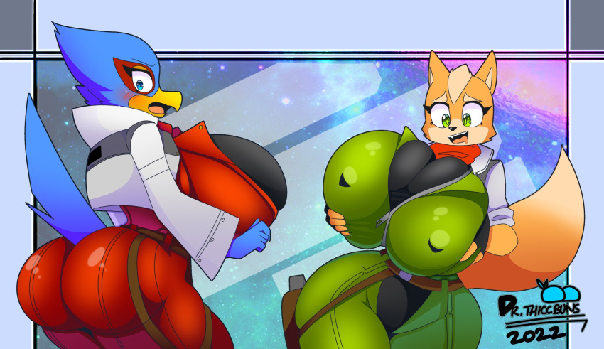 anthro avian beak big_breasts bird blue_body breasts canid canine clothed clothing doctor duo falco_lombardi female female/female fox fox_mccloud fur hi_res mammal nintendo nipples simple_background star_fox tail thiccbuns