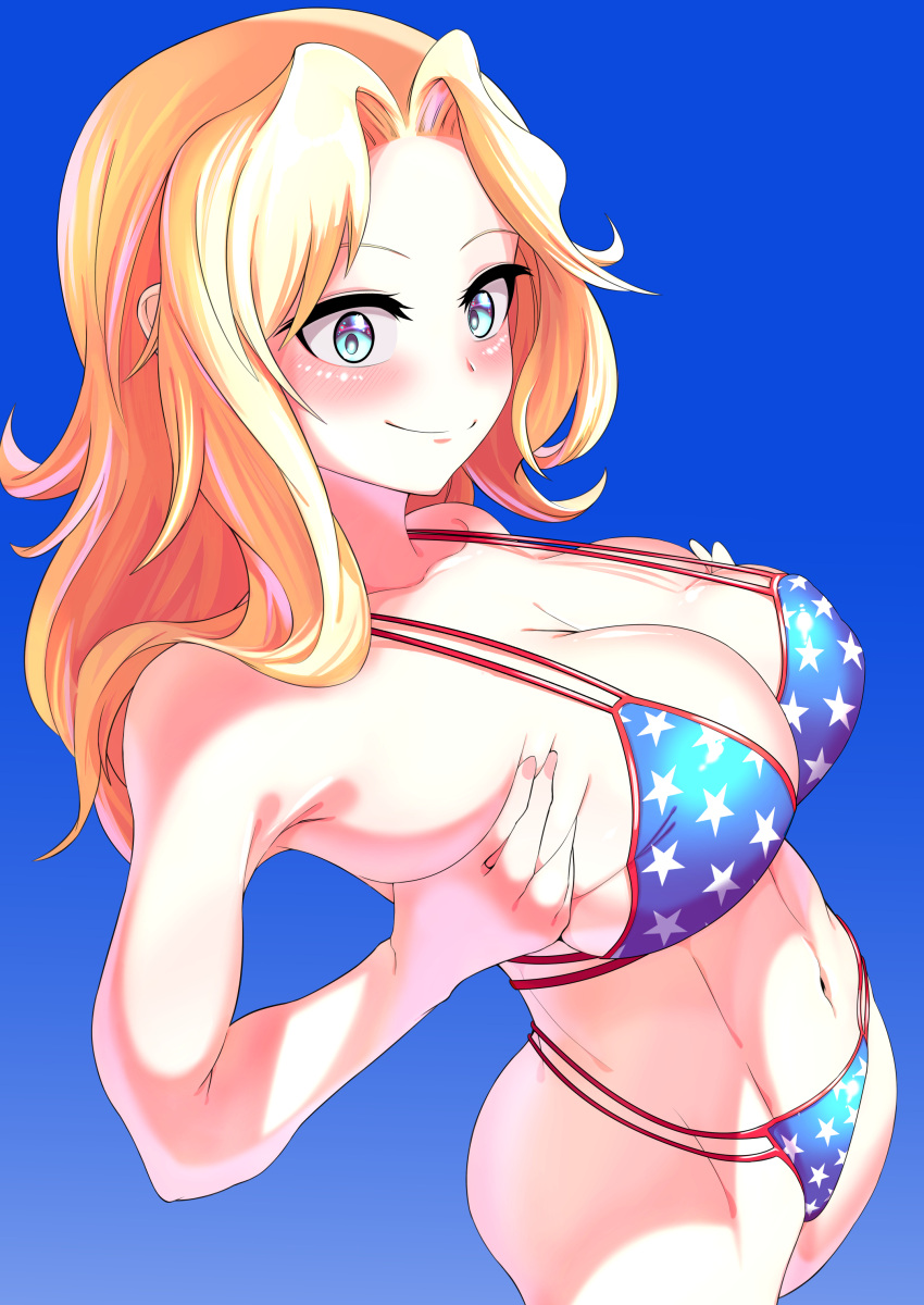 1girl absurdres american_flag_bikini bikini blonde_hair blue_background blue_bikini blue_eyes blush breasts breasts_squeezed_together cleavage closed_mouth commentary_request cowboy_shot cropped_legs flag_print girls_und_panzer groin hair_intakes halterneck highres kay_(girls_und_panzer) large_breasts long_hair looking_to_the_side medium_hair navel partial_commentary print_bikini simple_background smile solo standing swimsuit zonberu_tsukiji