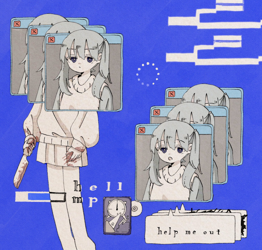 1girl black_eyes blood blood_on_clothes blood_on_hands blood_on_knife blue_background buffering clock english_text expressionless feet_out_of_frame girl_(hell_mp) grey_hair hard_drive hell_mp_(vocaloid) highres holding holding_knife kitchen_knife knife long_sleeves medium_hair multiple_views open_mouth outside_border pleated_skirt progress_bar puffy_long_sleeves puffy_sleeves sabaku_(saba9) skirt solo song_name speech_bubble sweater_vest talking twintails window_(computing)