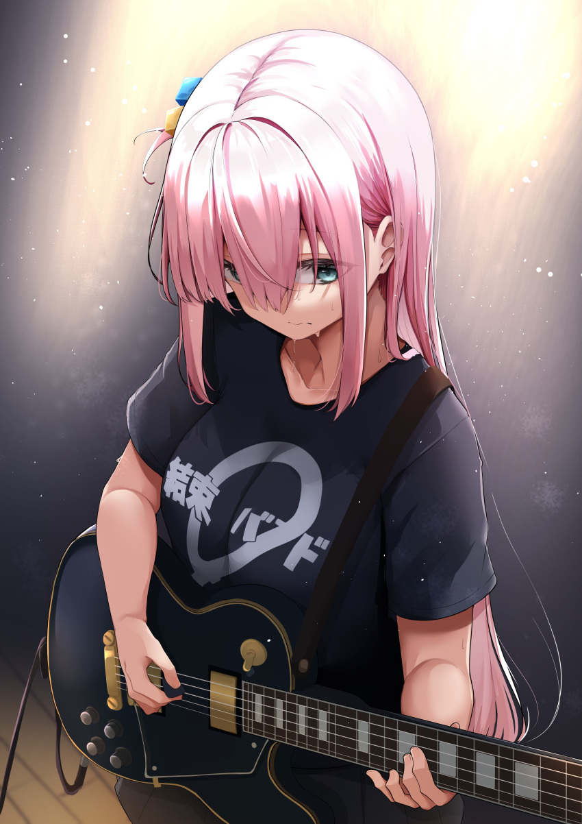 1girl absurdres bangs black_background black_shirt black_skirt blue_eyes bocchi_the_rock! breasts closed_mouth clothes_writing commentary_request cube_hair_ornament eyes_visible_through_hair floor gotou_hitori gradient gradient_background grey_background guitar hair_between_eyes hair_ornament hands_up highres holding holding_instrument instrument light long_hair looking_down looking_to_the_side medium_breasts minato_yu music pink_hair playing_instrument shirt short_sleeves sidelocks skirt solo stage stage_lights standing sweat sweatdrop t-shirt white_background