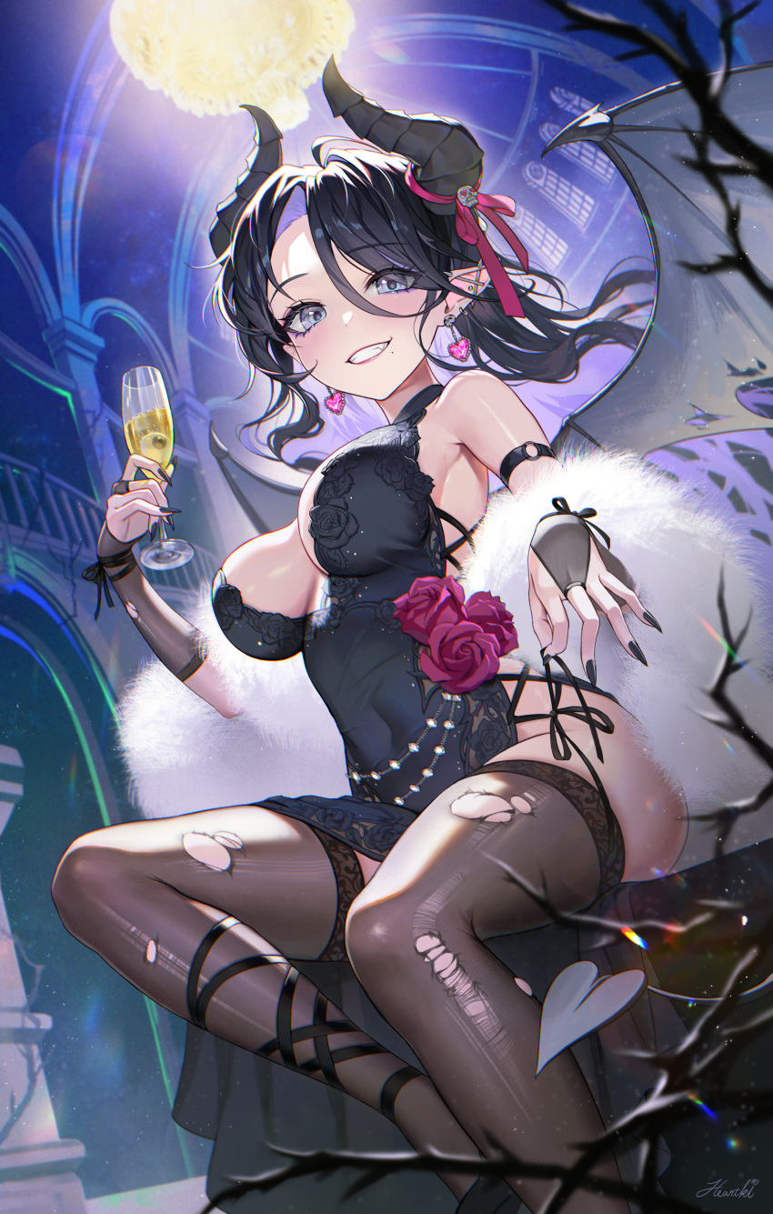1girl absurdres arch arm_strap bangs bare_shoulders black_dress black_footwear black_gloves black_hair black_nails black_ribbon black_thighhighs branch breasts bridal_gauntlets champagne_flute chandelier china_dress chinese_clothes cleavage covered_navel cross-laced_clothes cup demon_girl demon_horns demon_tail demon_wings dress dress_flower drink drinking_glass drop_earrings ear_piercing earrings eyes_visible_through_hair fang feather_boa feet_out_of_frame fingernails floating_hair flower from_below gloves grey_eyes grin hair_between_eyes hair_over_one_eye heart heart_earrings heartki highres holding holding_drink horn_ornament horn_ribbon horns indoors jewelry leg_ribbon long_bangs long_fingernails long_hair looking_at_viewer mansion medium_breasts mole mole_under_mouth multiple_piercings nail_polish original parted_bangs piercing pointy_ears red_flower red_ribbon red_rose ribbon rose signature sitting sleeveless sleeveless_dress smile solo strappy_heels tail teeth thighhighs thighs torn_clothes torn_thighhighs torn_wings wings wrist_ribbon