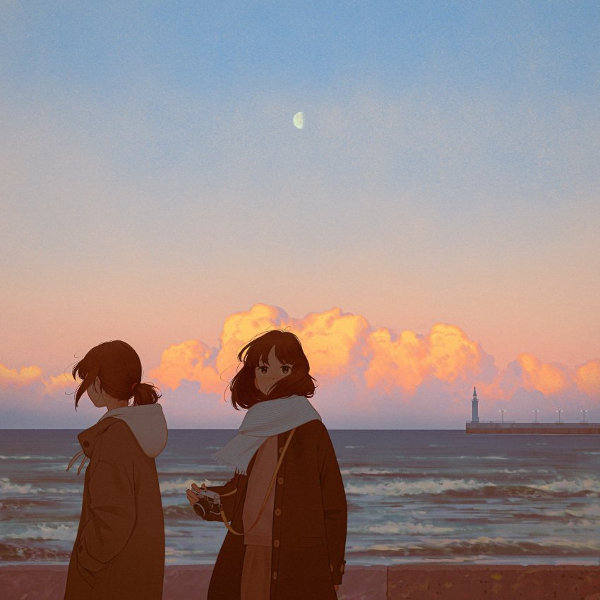 2girls absurdres bangs blue_sky brown_eyes brown_hair buttons bysau camera camera_around_neck cloud coat dot_nose enpera facing_away floating_hair hands_in_pockets highres holding holding_camera hood hoodie jacket_over_hoodie lighthouse looking_ahead low_ponytail moon multiple_girls ocean open_clothes open_coat original parted_bangs scarf shore short_ponytail sidelocks skirt sky sweater twilight waves