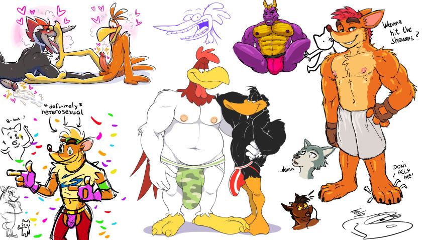 activision anatid anseriform anthro anti_dev avian bandicoot beastars better_version_at_source big_bulge bird bulge canid canine canis cartoon_network chicken chicken_(cow_and_chicken) clothing cocoa_puffs cow_and_chicken crash_bandicoot crash_bandicoot_(series) crew_(anti_dev) cuculiform daffy_duck dragon dream_and_nightmare duck foghorn_leghorn foot_fetish foot_lick foot_play galliform gallus_(genus) general_mills genitals hi_res humanoid_genitalia humanoid_penis jockstrap legoshi_(beastars) licking looney_tunes male male/male mammal marsupial mascot penis phasianid poppin sonny_the_cuckoo_bird spyro spyro_the_dragon stated_heterosexuality stated_sexuality tongue tongue_out towel underwear warner_brothers wolf