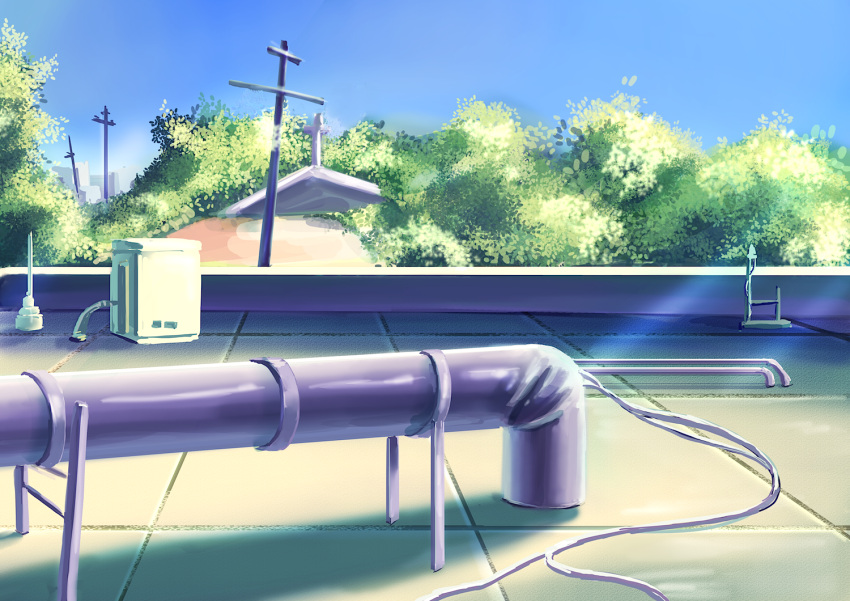air_conditioner blue_sky clear_sky commentary_request cross day gachimuchi industrial_pipe no_humans outdoors rooftop scenery sky tree tyb_(inmu) utility_pole