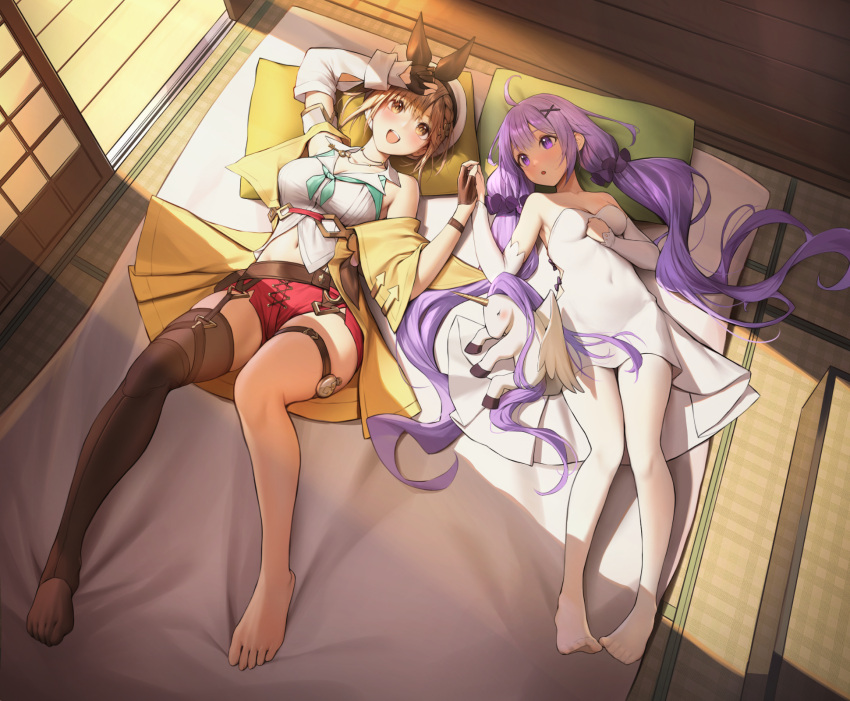 2girls :d :o ahoge architecture atelier_(series) atelier_ryza atelier_ryza_2 azur_lane bangs bare_shoulders barefoot belt beret blush bow braid breasts brown_belt brown_eyes brown_gloves brown_hair cleavage collarbone collared_jacket collared_shirt covered_navel crossover day dress east_asian_architecture feet fingerless_gloves from_above full_body futon gloves hair_between_eyes hair_ornament hair_scrunchie hat hat_bow highres holding_hands indoors jacket jewelry key_necklace large_breasts legs long_hair looking_at_another looking_at_viewer low_twintails lying medium_breasts multiple_girls navel necklace no_shoes on_back open_clothes open_jacket open_mouth pillow purple_eyes purple_hair red_shorts reisalin_stout risa_(pixiv23908854) scrunchie shadow shirt short_hair short_shorts shorts shouji sidelocks skindentation sleeveless sleeveless_shirt sliding_doors smile stomach stuffed_animal stuffed_toy stuffed_unicorn stuffed_winged_unicorn tatami teeth thigh_strap thighhighs toes twintails unicorn_(azur_lane) upper_teeth_only very_long_hair white_dress white_headwear white_shirt yellow_jacket