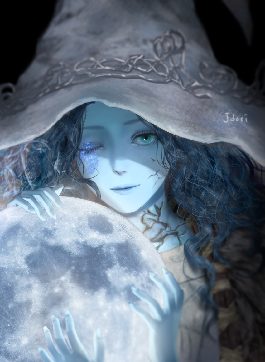 1girl bangs blue_eyes blue_hair blue_skin cloak closed_mouth colored_skin cracked_skin elden_ring english_commentary extra_arms fur_cloak hat highres holding_planet jdori long_hair looking_at_viewer moon one_eye_closed ranni_the_witch smile solo upper_body witch_hat