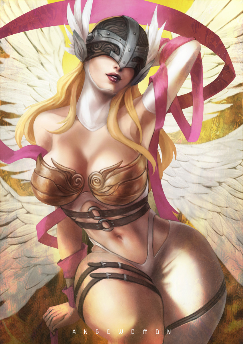 1girl absurdres angel_wings angewomon armor armpits asymmetrical_clothes bikini_armor breasts chest_strap cleavage covered_eyes detached_sleeves digimon digimon_(creature) digimon_adventure feathered_wings hagoromo helmet highres holy_ring large_breasts lips long_hair monori_rogue multiple_wings narrow_waist navel o-ring o-ring_strap shawl single_detached_sleeve single_pantsleg solo thick_thighs thigh_strap thighs white_wings winged_helmet wings wrist_wings