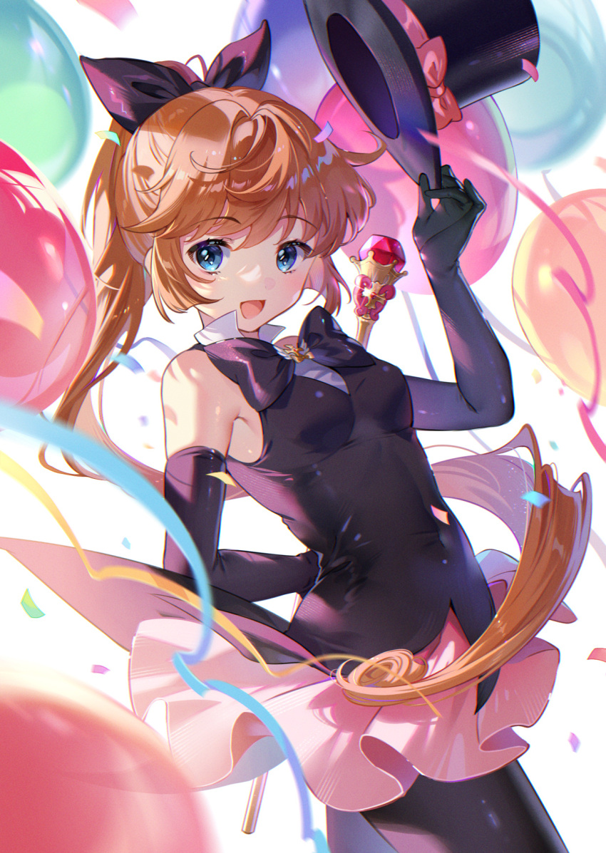 1girl balloon bangs blue_eyes bodysuit bow bowtie breasts collar covered_navel ekita_kuro elbow_gloves gloves hair_ribbon haneoka_meimi hat hat_bow headwear_removed highres holding holding_clothes holding_hat holding_wand kaitou_saint_tail long_hair looking_at_viewer magical_girl open_mouth orange_hair pantyhose pink_bow pink_skirt pleated_skirt ponytail purple_gloves purple_headwear purple_pantyhose purple_ribbon ribbon saint_tail sideboob sidelocks skindentation skirt sleeveless small_breasts solo top_hat very_long_hair wand white_collar