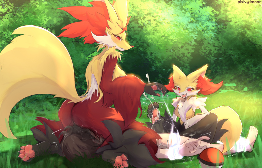 anthro blush bodily_fluids braixen breasts butt canid canine cum delphox erection facesitting female fur generation_6_pokemon genital_fluids genitals hi_res human interspecies male mammal nintendo nude penis pokemon pokemon_(species) smile yellow_body yellow_fur yimoon640