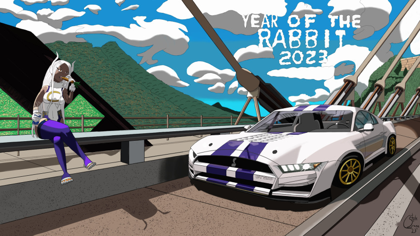 1girl animal_ears bad_vehicle_anatomy boku_no_hero_academia breasts bridge car carrot cloud cloudy_sky coffee_cup cranestyleart crossed_legs cup disposable_cup eating english_text ford ford_mustang ground_vehicle highres landscape large_breasts mirko motor_vehicle muscle_car rabbit_ears self_upload shelby sky thighhighs toned vehicle_focus white_hair