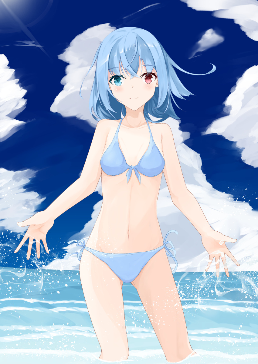 1girl absurdres bangs bikini blue_bikini blue_eyes blue_hair blue_sky breasts closed_mouth cloud commission heterochromia highres navel ocean outdoors red_eyes short_hair sigma1023 skeb_commission sky smile solo swimsuit tatara_kogasa touhou wading