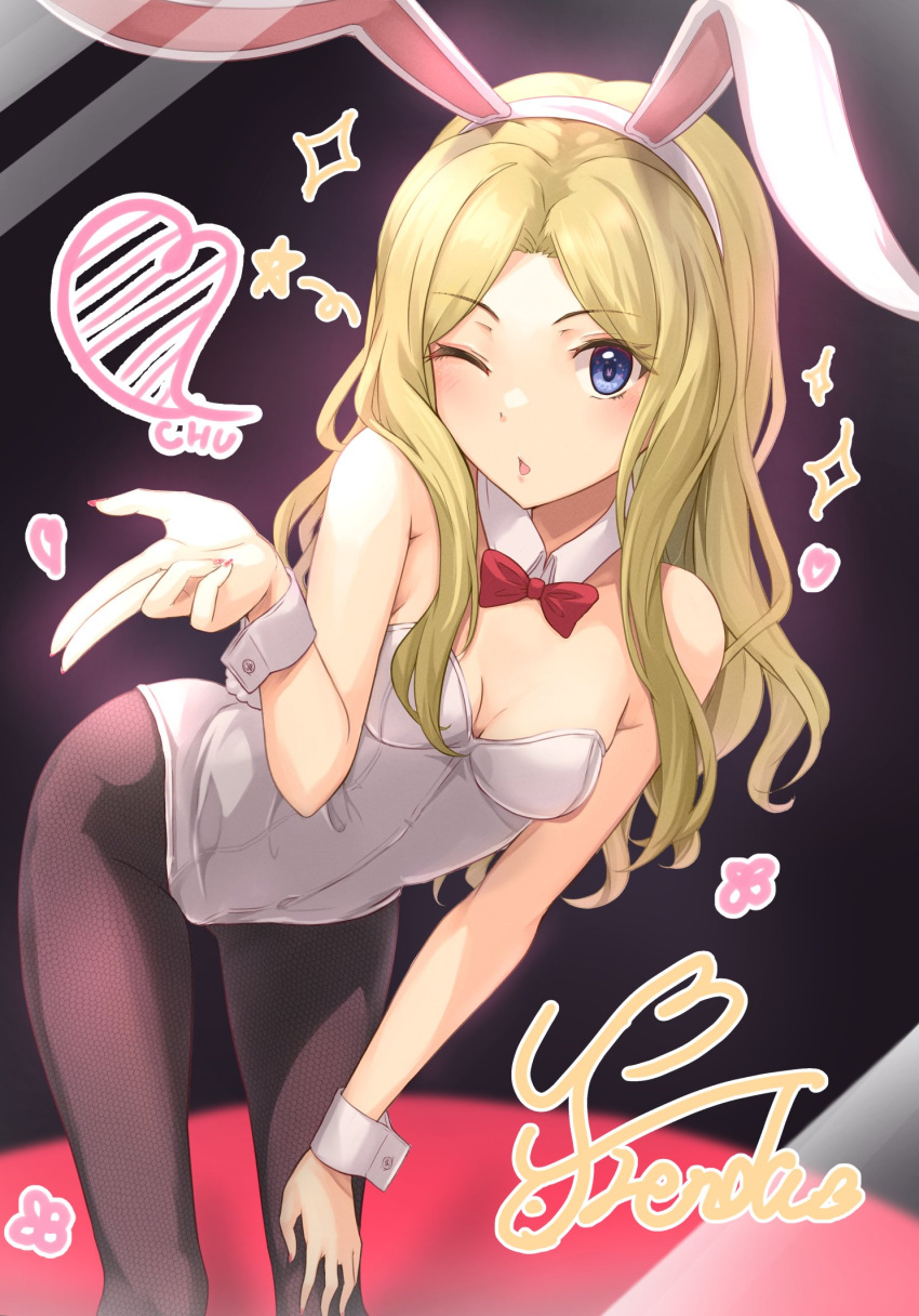 1girl animal_ears bare_arms bent_over blonde_hair blowing_kiss blue_eyes bow bowtie breasts character_name cleavage detached_collar dress fake_animal_ears fake_tail fishnet_pantyhose fishnets frenda_seivelun hair_intakes hairband hand_on_own_knee heart highres k3rd long_hair one_eye_closed open_mouth pantyhose playboy_bunny rabbit_ears rabbit_tail red_bow red_bowtie small_breasts solo strapless strapless_dress tail toaru_kagaku_no_railgun toaru_majutsu_no_index white_dress white_hairband wing_collar wrist_cuffs