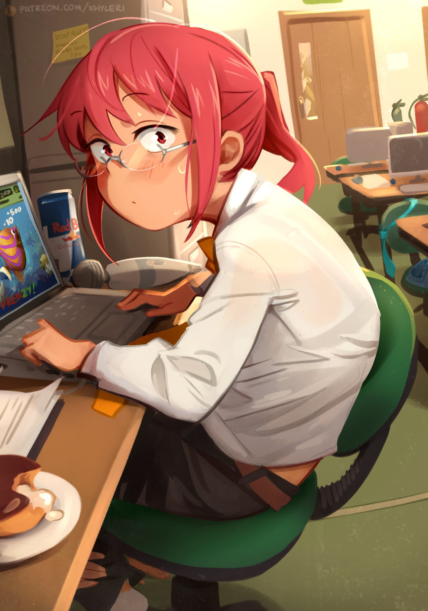 1girl absurdres arched_back bangs black_skirt blush chair computer cream desk door english_commentary english_text fire_extinguisher food from_side glasses highres holding khyle. kobayashi-san_chi_no_maidragon kobayashi_(maidragon) laptop long_sleeves looking_at_viewer office office_lady paper playing_games red_bull red_eyes red_hair sex_toy shiny_hair shirt sitting skirt solo_focus sweatdrop white_shirt