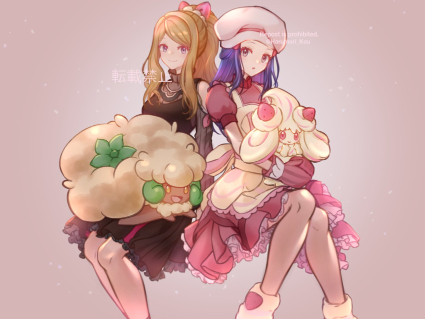 2girls alcremie alcremie_(strawberry_sweet) bangs blonde_hair brown_dress chef_hat closed_mouth clothing_cutout commentary_request dawn_(palentine's_2021)_(pokemon) dawn_(pokemon) dress eyelashes frills hair_ornament hair_ribbon hairclip harumori_kou hat knees long_hair looking_at_viewer loose_socks multiple_girls official_alternate_costume on_lap oven_mitts parted_bangs pink_ribbon pokemon pokemon_(creature) pokemon_(game) pokemon_masters_ex pokemon_on_lap ponytail ribbon serena_(palentine's_2021)_(pokemon) serena_(pokemon) short_sleeves shoulder_cutout sidelocks smile socks twitter_username watermark whimsicott
