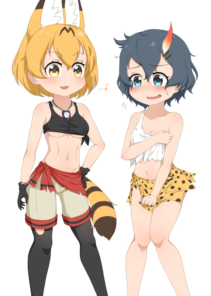 2girls animal_ears black_gloves black_pantyhose black_tank_top blonde_hair blue_eyes blue_hair blush breasts cat_ears cat_tail chis_(js60216) cleavage covering covering_breasts embarrassed fang gloves hand_on_hip highres kaban_(kemono_friends) kemono_friends looking_at_viewer medium_breasts midriff multiple_girls navel open_mouth pantyhose print_skirt serval_(kemono_friends) serval_print shiny_hair short_hair shorts simple_background skirt small_breasts smile tail tank_top torn_clothes underboob white_background white_shorts yellow_eyes