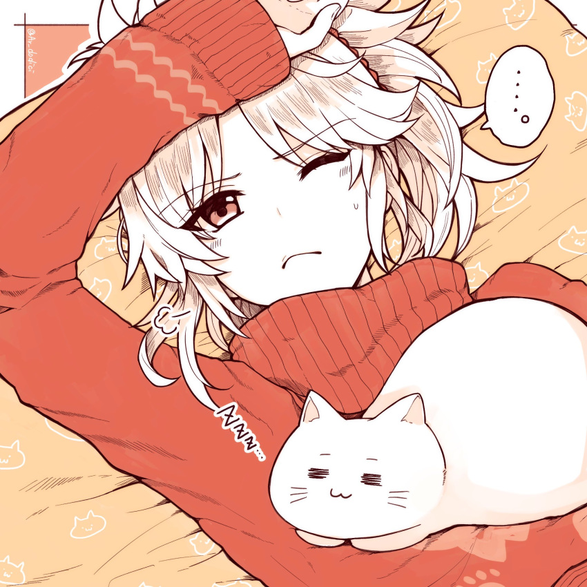 ... 1girl =3 =_= animal animal_print arm_on_head aruti blonde_hair cat cat_print closed_mouth commentary_request fate/grand_order fate_(series) frown hair_ornament hair_scrunchie highres limited_palette looking_at_viewer lying mordred_(fate) on_back one_eye_closed red_scrunchie red_sweater scrunchie spoken_ellipsis sweatdrop sweater turtleneck turtleneck_sweater