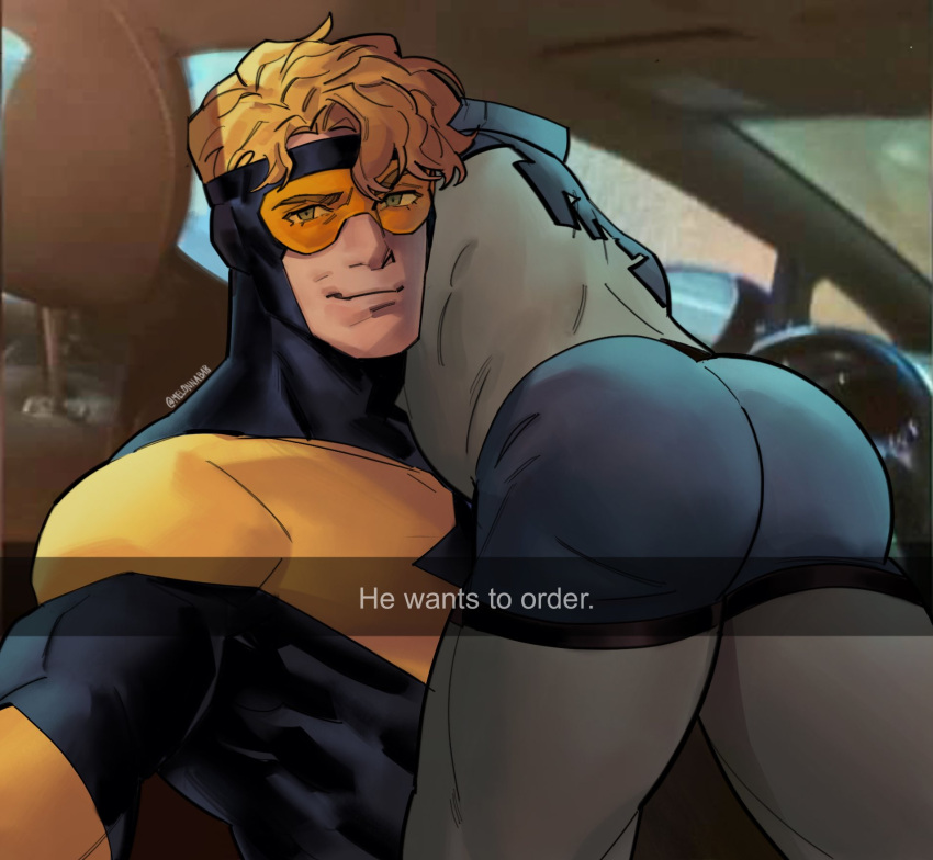 2boys ass ass_focus bara blonde_hair blue_beetle bodysuit booster_gold car_interior closed_mouth dc_comics drive-thru english_text he_wants_to_order_(meme) highres large_pectorals lying_on_person male_focus melonnabar meme multiple_boys muscular muscular_male pectorals rear-view_mirror selfie short_hair smile snapchat thick_thighs thighs twitter_username yellow_bodysuit