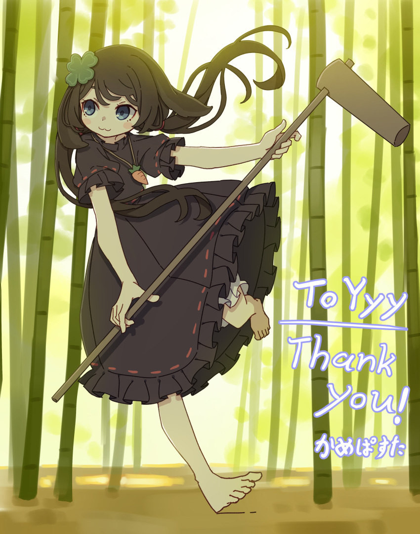 1girl :3 absurdres bamboo bamboo_forest barefoot black_dress black_hair blue_eyes carrot_necklace closed_mouth clover commission cosplay dress forest four-leaf_clover full_body highres inaba_tewi inaba_tewi_(cosplay) jewelry kame_(kamepan44231) kine long_hair looking_to_the_side mallet nature necklace original outdoors short_sleeves skeb_commission smile solo touhou
