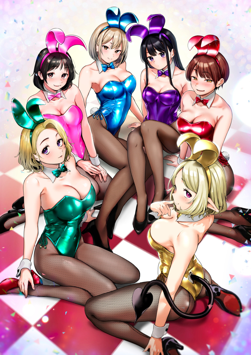 5girls 5saiji absurdres animal_ears ass asymmetrical_bangs bangs bare_shoulders black_footwear black_hair blonde_hair blue_bow blue_bowtie blue_leotard blush bow bowtie breasts brown_eyes brown_hair checkered_floor cleavage closed_mouth collarbone covered_navel demon_tail detached_collar fake_animal_ears fake_tail fishnet_pantyhose fishnets full_body green_bow green_bowtie green_leotard high_heels highleg highleg_leotard highres large_breasts leotard light_brown_hair light_smile long_hair looking_at_viewer medium_breasts medium_hair multiple_girls no_bra on_floor original pantyhose parted_lips pink_bow pink_bowtie pink_leotard playboy_bunny purple_bow purple_bowtie purple_eyes purple_leotard rabbit_ears rabbit_tail red_bow red_bowtie red_footwear red_leotard short_hair side-tie_leotard sidelocks sitting smile strapless strapless_leotard swept_bangs tail thighs wariza wrist_cuffs yellow_bow yellow_bowtie yellow_leotard