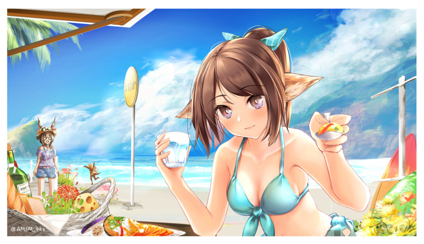 3girls amiya_(arknights) animal_ears arknights bangs bare_arms bare_shoulders beach bikini blue_bikini blue_sky breasts brown_hair ceobe_(arknights) cloud commentary_request cup day fox_ears front-tie_bikini_top front-tie_top hands_up holding holding_cup large_breasts looking_at_viewer multiple_girls navel o_o ocean off-shoulder_shirt off_shoulder outdoors perfumer_(arknights) ponytail purple_eyes rabbit_ears shirt short_hair sky smile stomach swimsuit upper_body yokaze_(yokajie)
